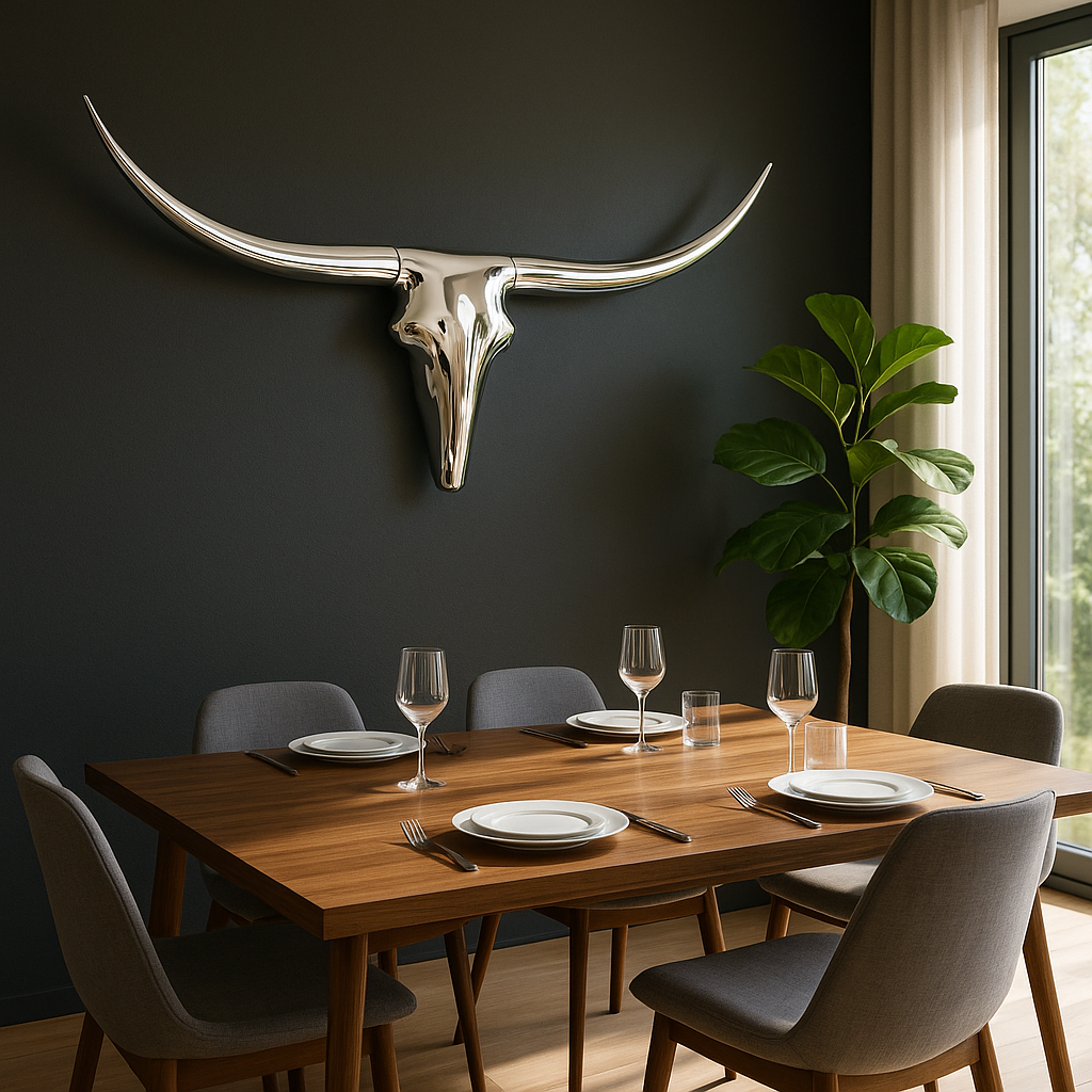 Premium 47" Silver Buffed Aluminum Long Horn Wall Sculpture - Modern Western Statement Piece with Lodge Appeal