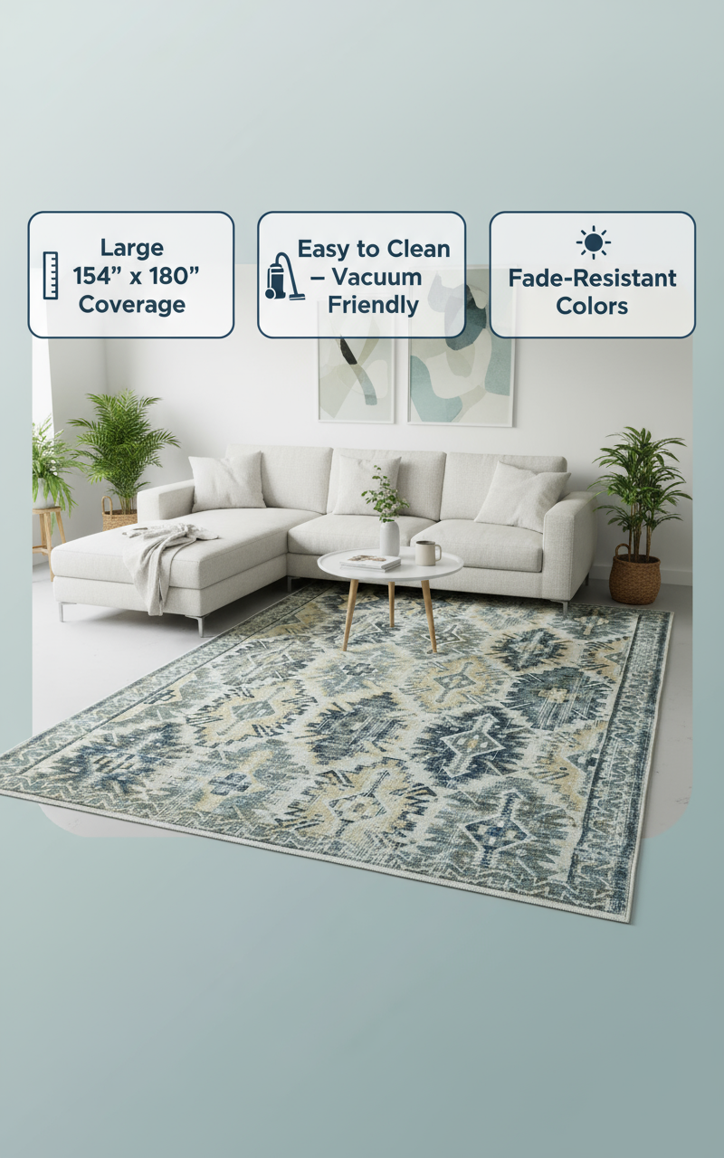13' X 15' Ivory Green and Blue Aztec Distressed Indoor Outdoor Area Rug