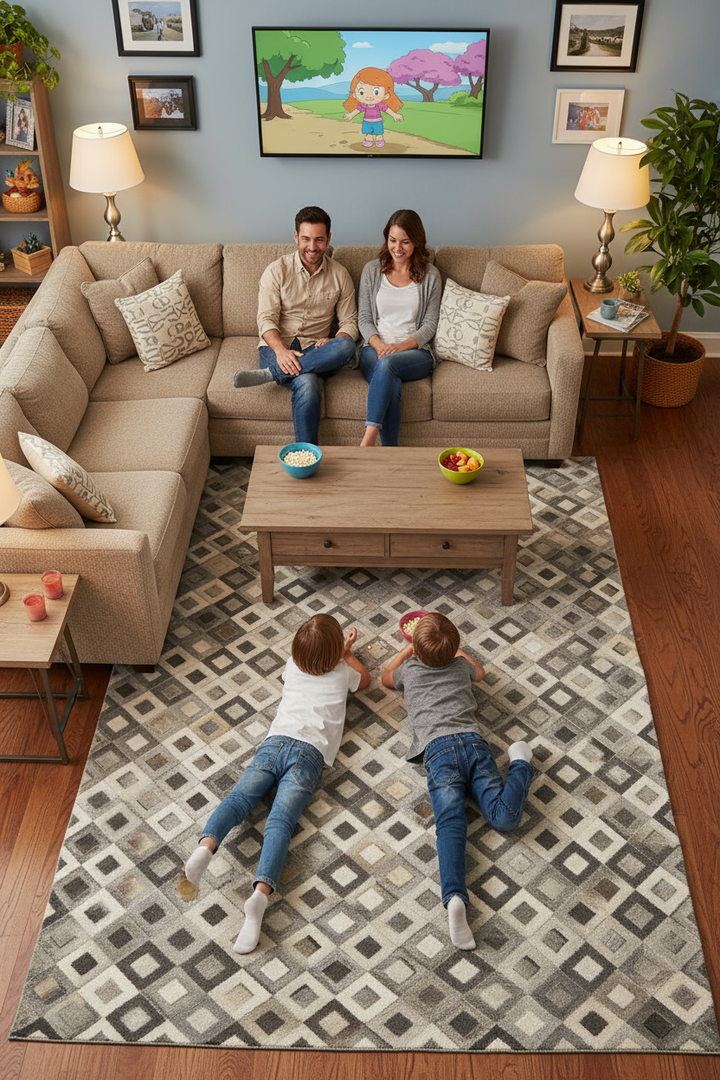 6' X 9' Black Gray And White Faux Cowhide Geometric Area Rug