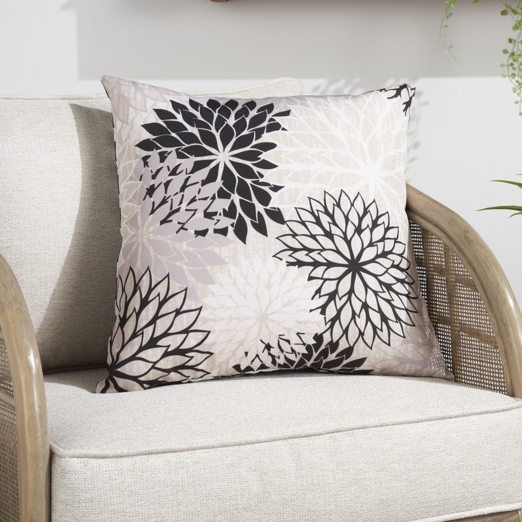 Premium 20" Black Gray and White Handmade Floral Indoor Outdoor Throw Pillow - Reversible Contemporary Design with Weather-Resistant Polyester