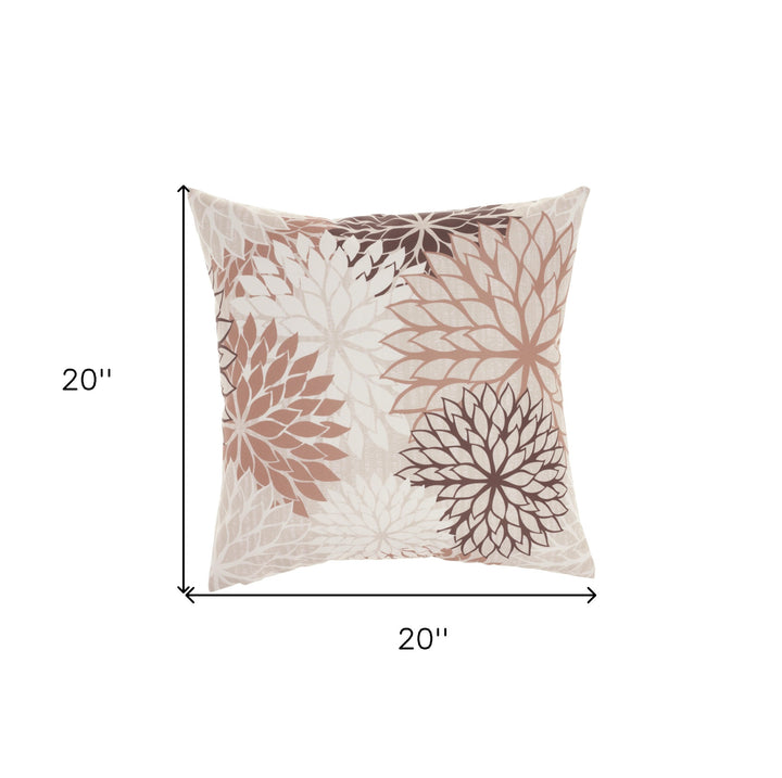 Modern  20" Brown Beige and Ivory Floral Indoor Outdoor Throw Pillow