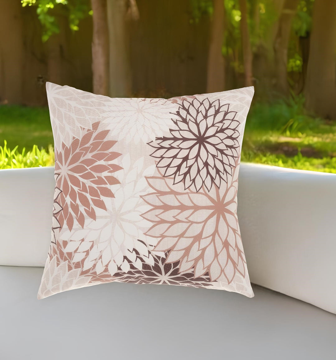 Modern  20" Brown Beige and Ivory Floral Indoor Outdoor Throw Pillow