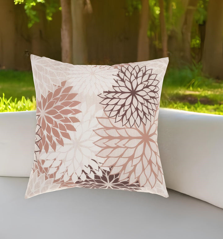 Modern  20" Brown Beige and Ivory Floral Indoor Outdoor Throw Pillow