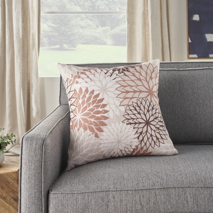 Modern  20" Brown Beige and Ivory Floral Indoor Outdoor Throw Pillow
