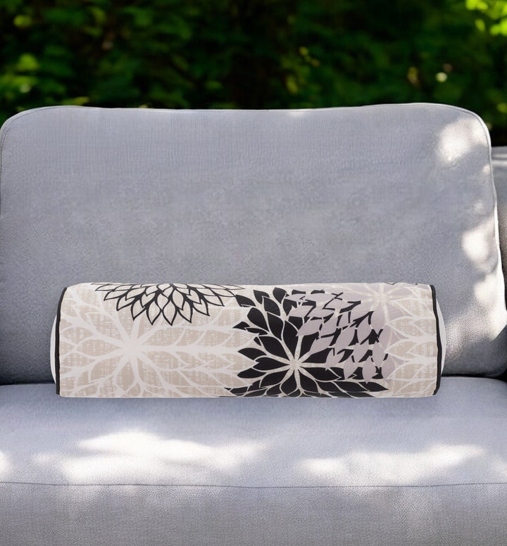 Premium 6" x 20" Black Gray and White Bolster Floral Indoor Outdoor Throw Pillow