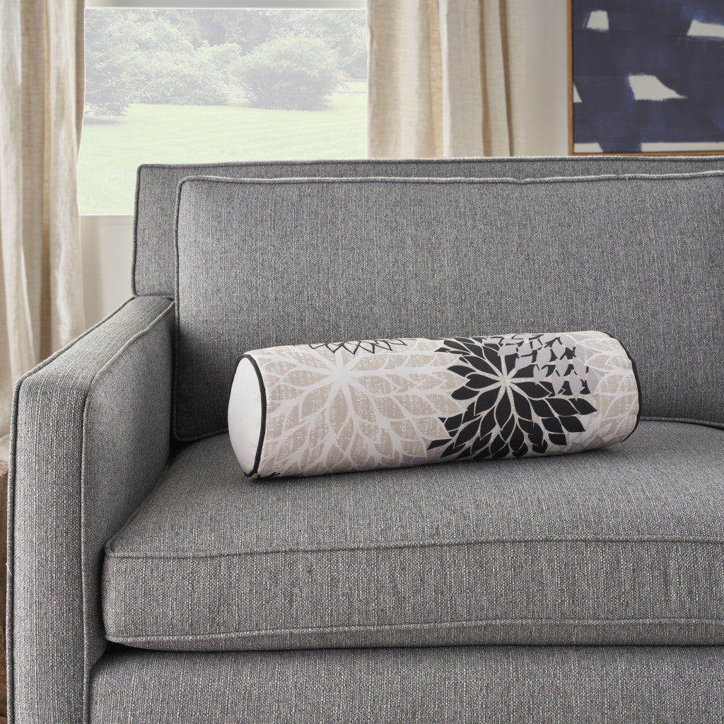 Premium 6" x 20" Black Gray and White Bolster Floral Indoor Outdoor Throw Pillow