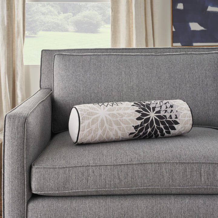 Premium 6" x 20" Black Gray and White Bolster Floral Indoor Outdoor Throw Pillow