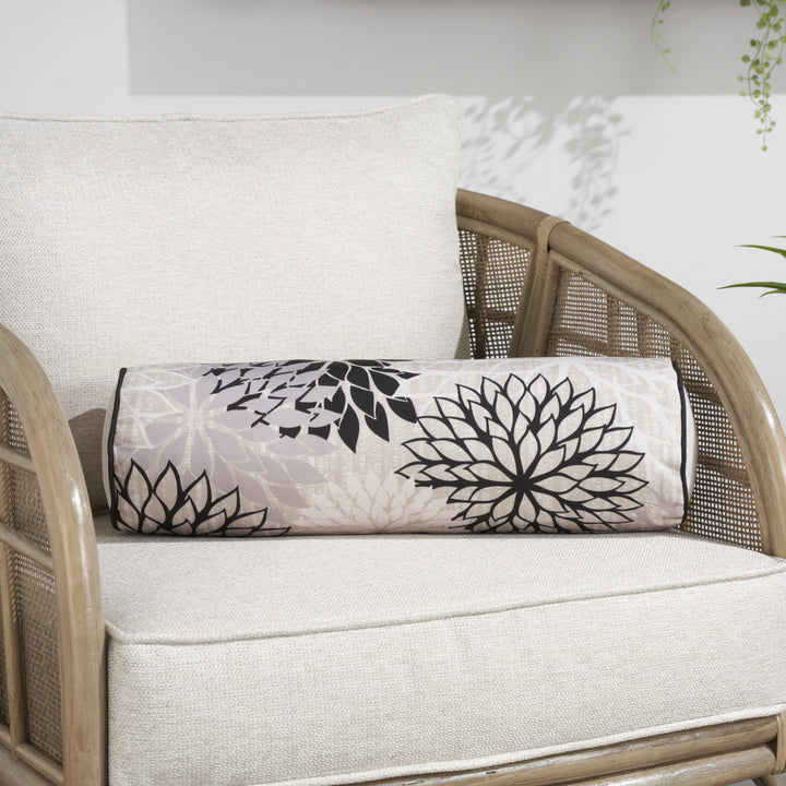 Premium 6" x 20" Black Gray and White Bolster Floral Indoor Outdoor Throw Pillow