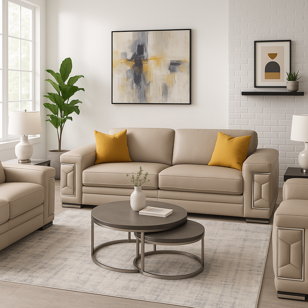 Luxury Beige Italian Leather Living Room Set - 3-Piece Coil Spring Sofa with Wood Frame