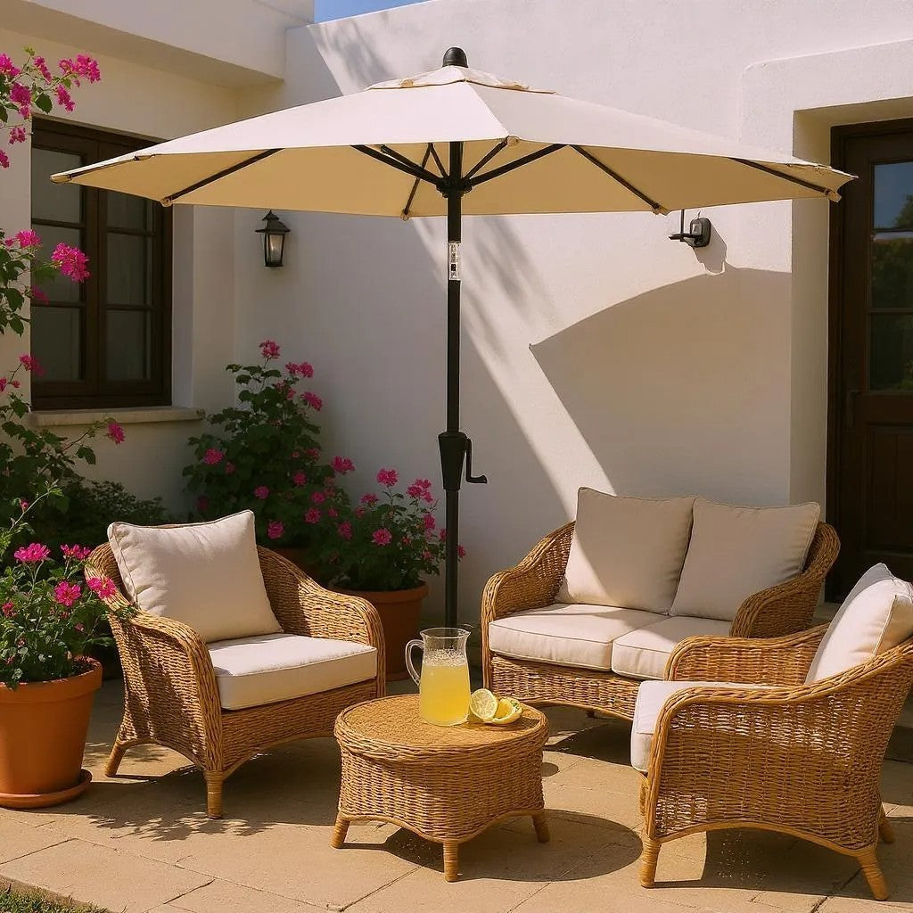 Premium 93" Tan Polyester Octagonal Tilt Market Patio Umbrella with Rib Replacement Technology