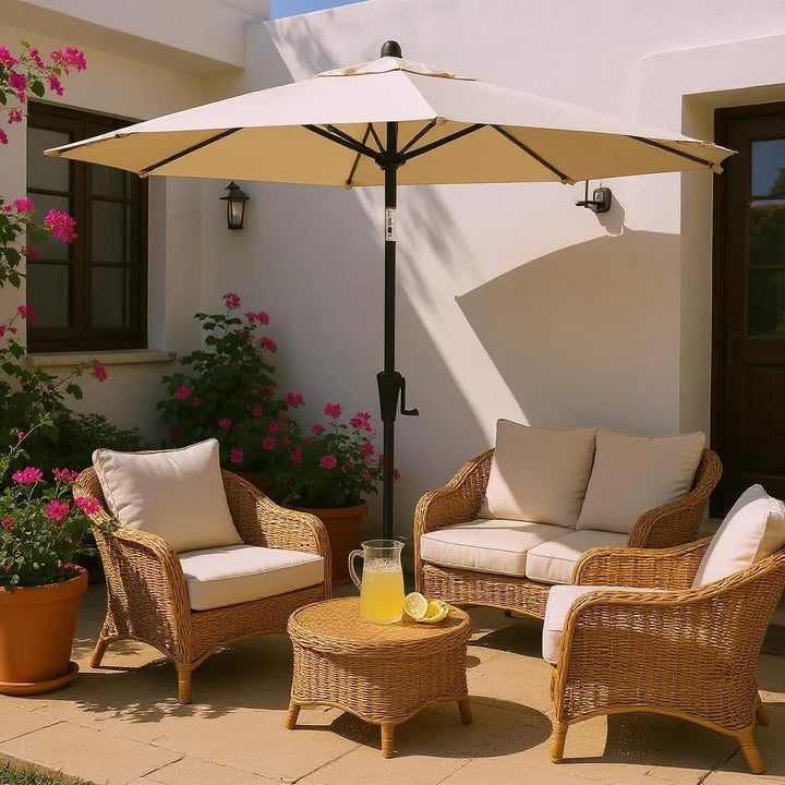 Premium 93" Tan Polyester Octagonal Tilt Market Patio Umbrella with Rib Replacement Technology