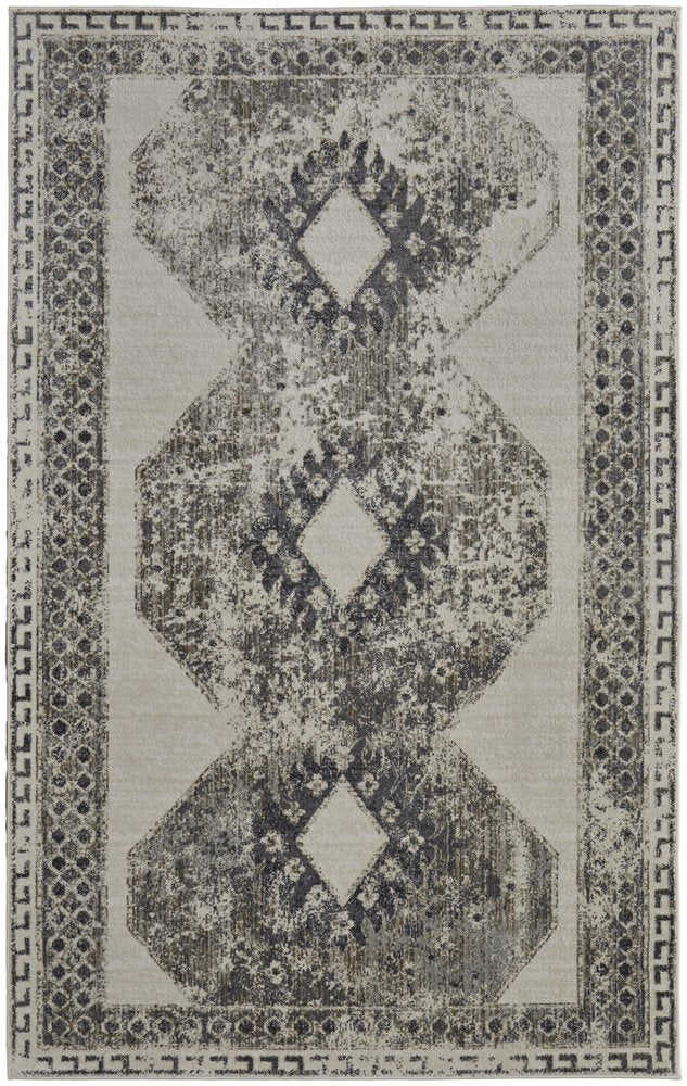 10' X 14' Gray and Ivory Abstract Power Loom Worn Faded Area Rug