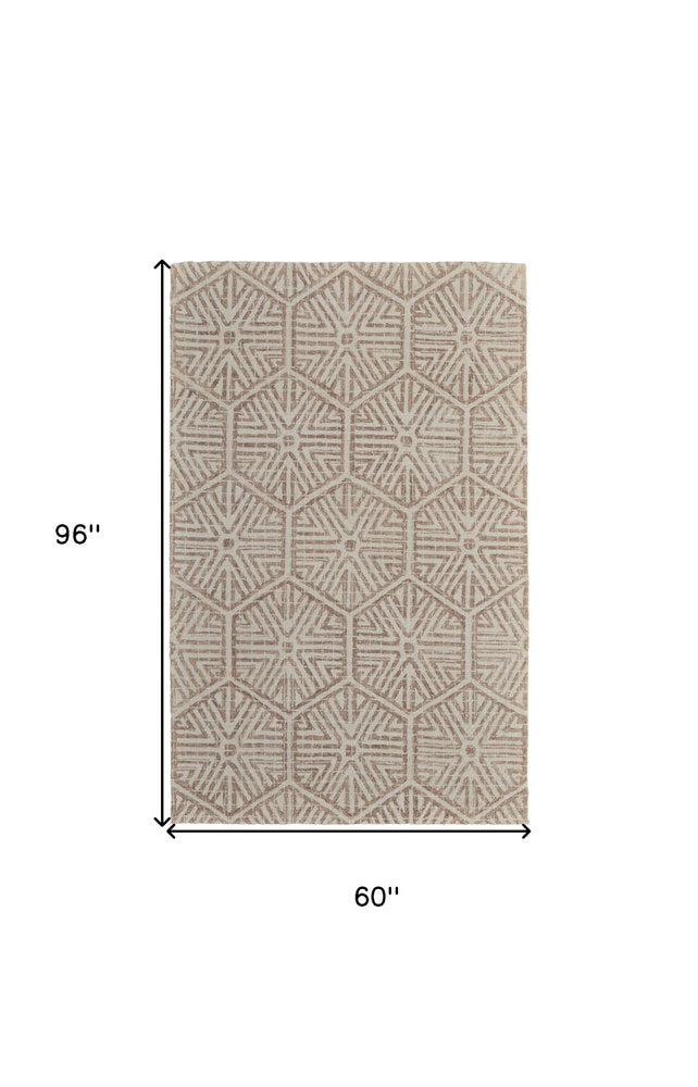 5' X 8' Brown and Ivory Wool Geometric Hand Tufted Area Rug