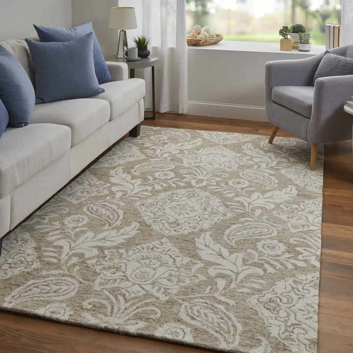 12' X 15' Tan and Ivory Wool Oriental Hand Tufted Area Rug