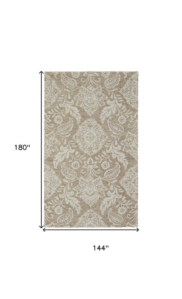 12' X 15' Tan and Ivory Wool Oriental Hand Tufted Area Rug