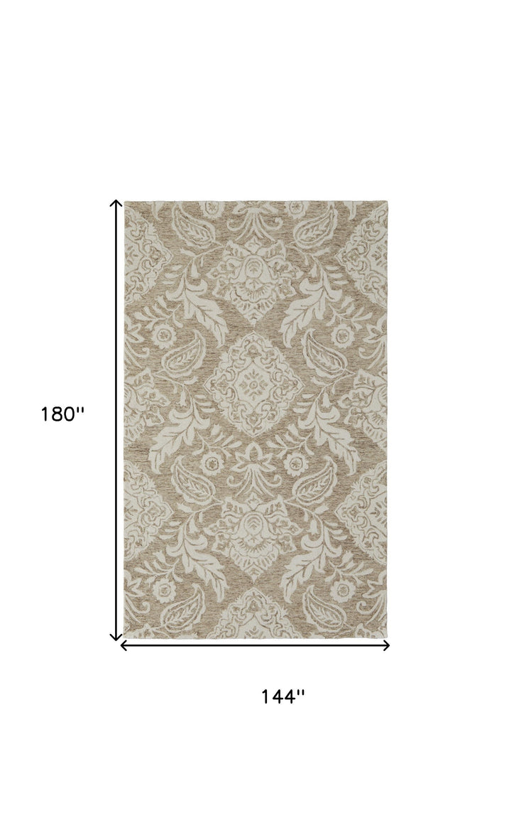 12' X 15' Tan and Ivory Wool Oriental Hand Tufted Area Rug