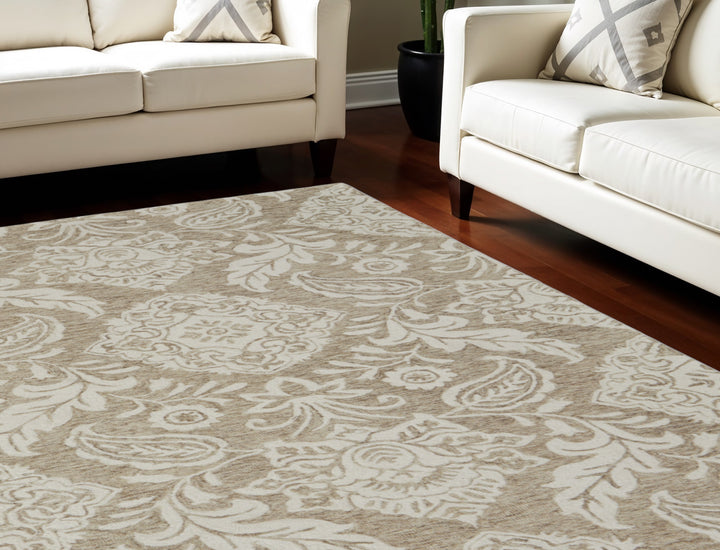 12' X 15' Tan and Ivory Wool Oriental Hand Tufted Area Rug