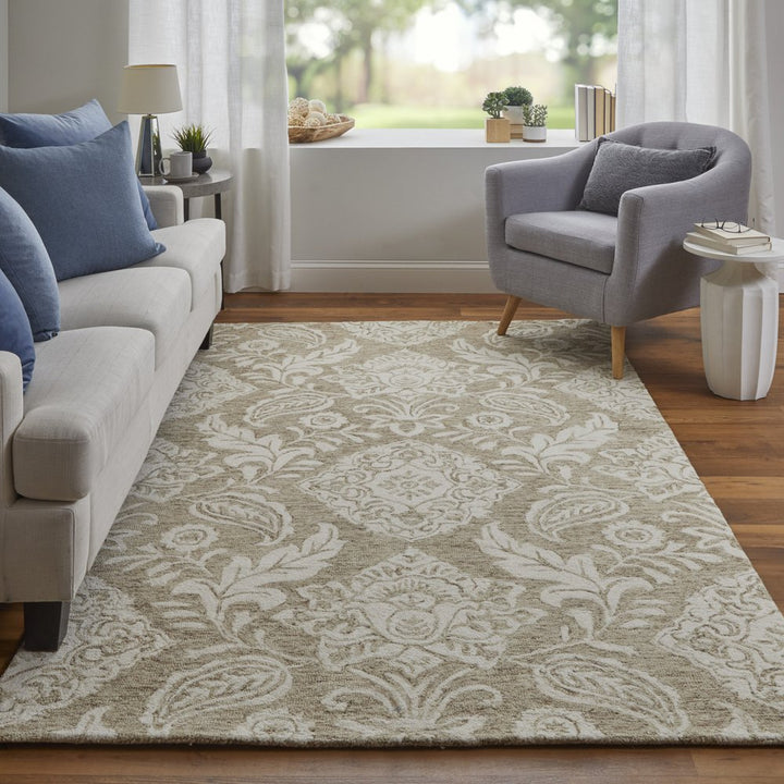 12' X 15' Tan and Ivory Wool Oriental Hand Tufted Area Rug