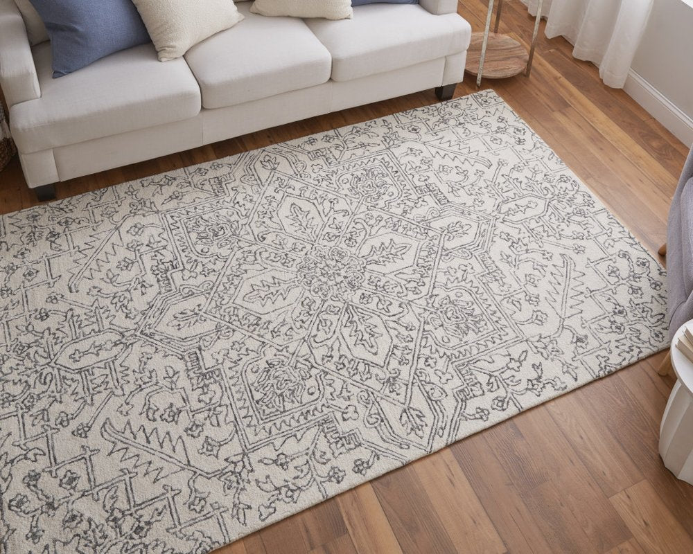 10' X 14' White and Gray Wool Oriental Hand Tufted Area Rug