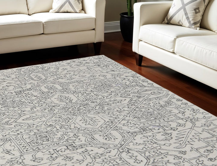 10' X 14' White and Gray Wool Oriental Hand Tufted Area Rug