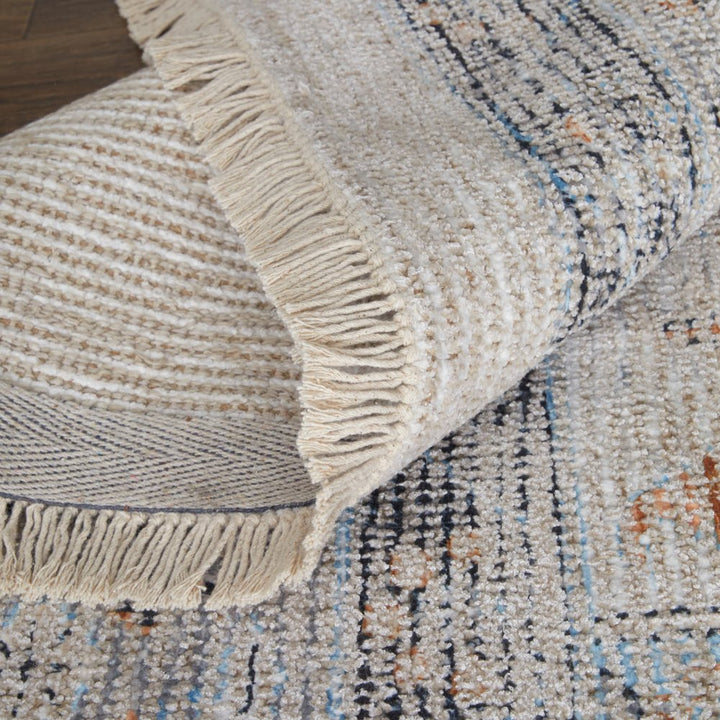 4' X 6' Ivory Blue and Orange Oriental Hand Woven Distressed Area Rug With Fringe