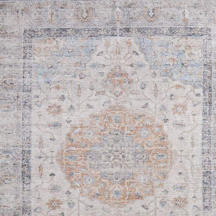 4' X 6' Ivory Blue and Orange Oriental Hand Woven Distressed Area Rug With Fringe