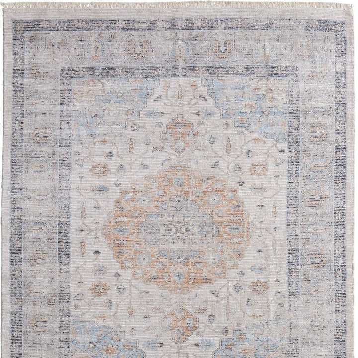 4' X 6' Ivory Blue and Orange Oriental Hand Woven Distressed Area Rug With Fringe
