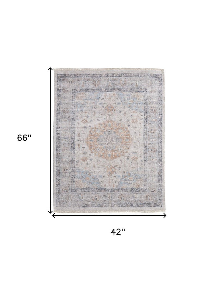 4' X 6' Ivory Blue and Orange Oriental Hand Woven Distressed Area Rug With Fringe