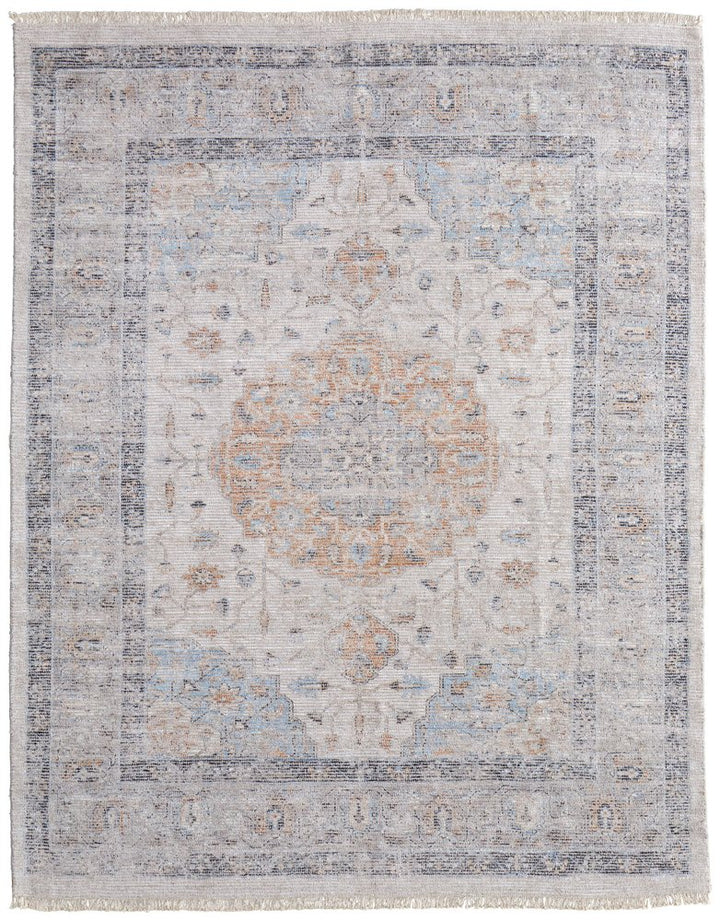 4' X 6' Ivory Blue and Orange Oriental Hand Woven Distressed Area Rug With Fringe