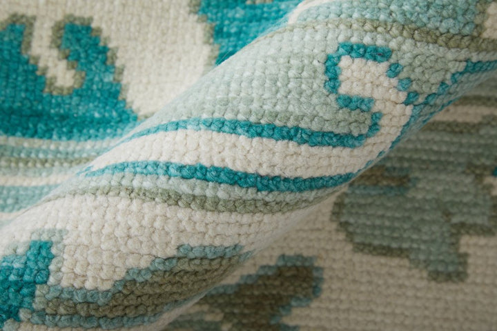 2' X 3' Green and Ivory Wool Floral Hand Knotted Area Rug With Fringe