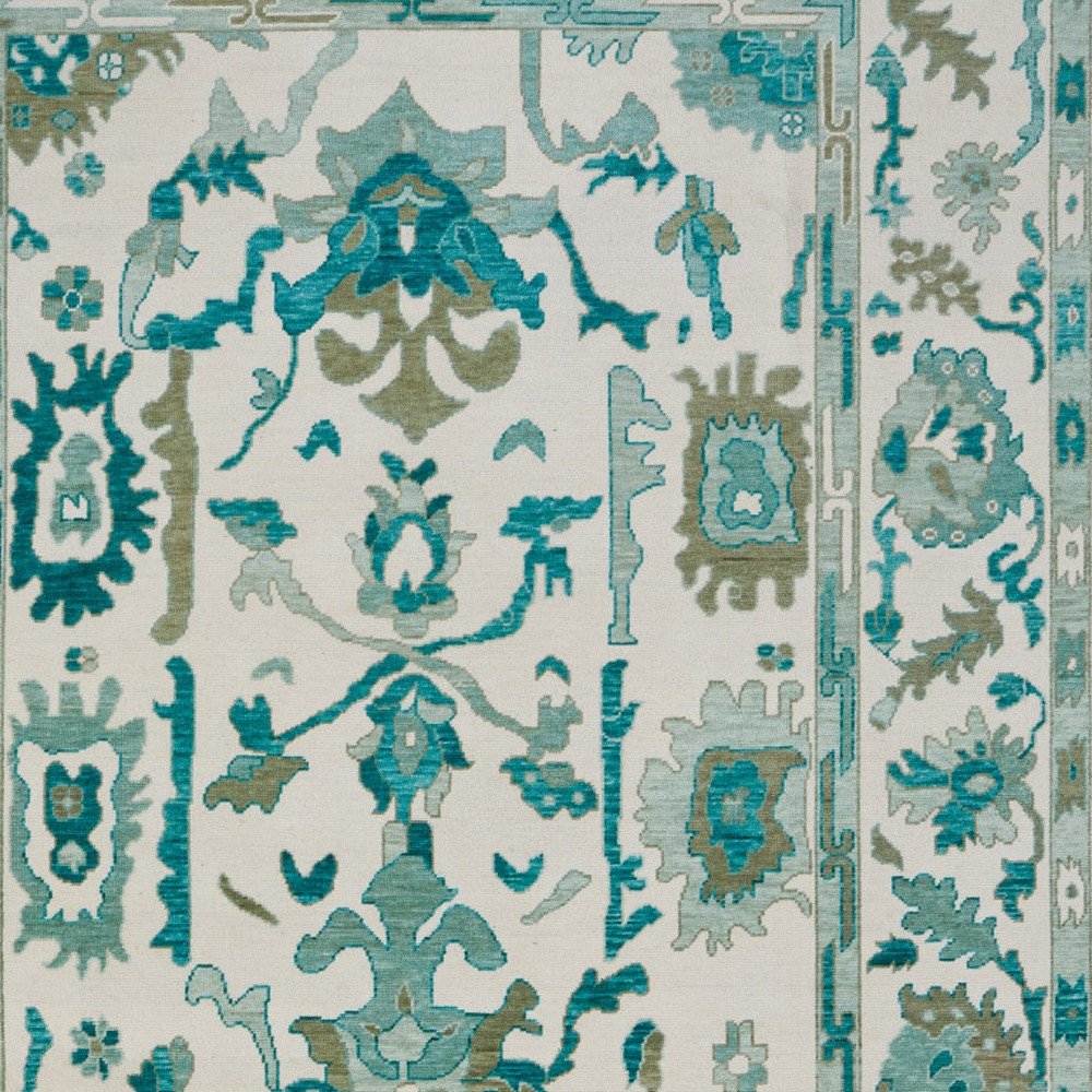 2' X 3' Green and Ivory Wool Floral Hand Knotted Area Rug With Fringe