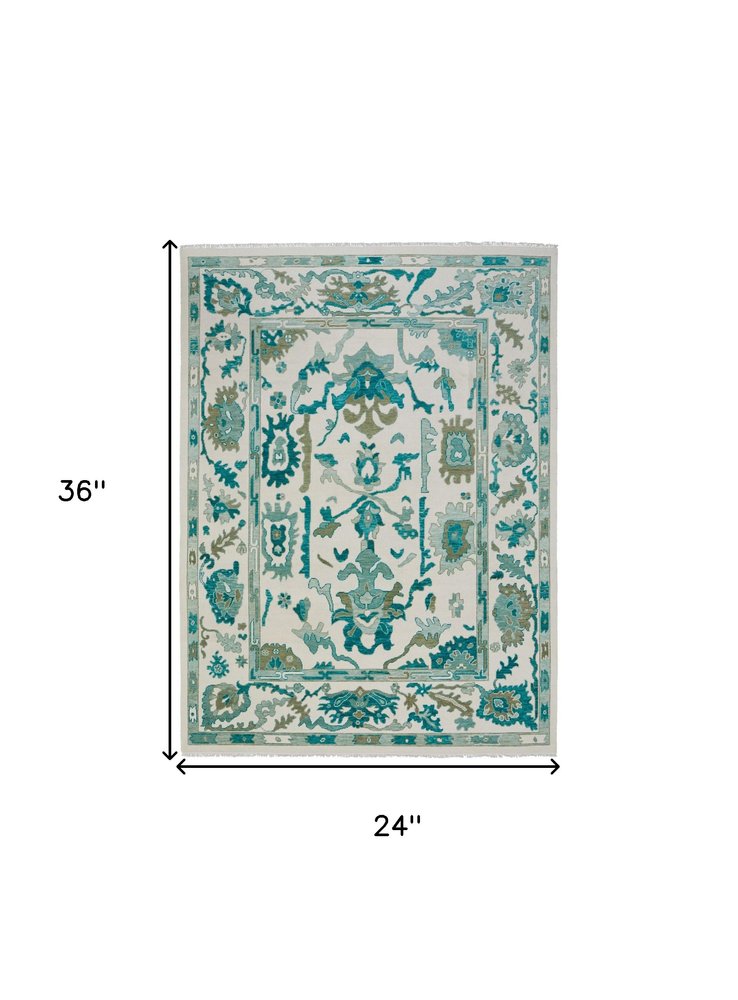 2' X 3' Green and Ivory Wool Floral Hand Knotted Area Rug With Fringe