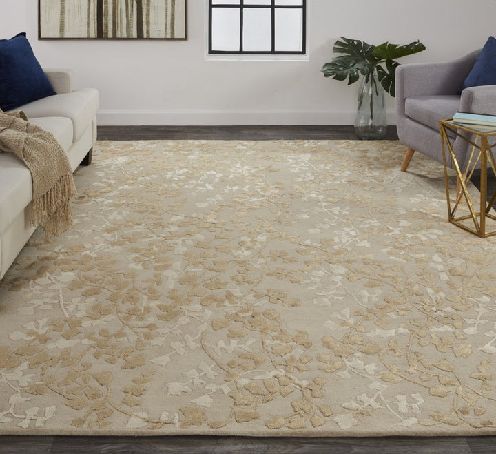 10' X 14' Taupe and Brown Floral Hand Tufted Area Rug