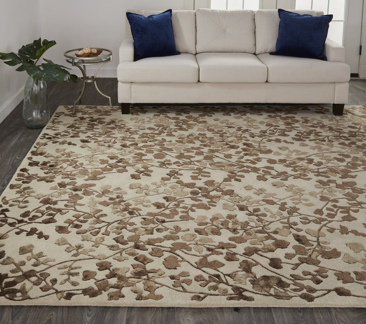 10' X 14' Taupe and Brown Floral Hand Tufted Area Rug