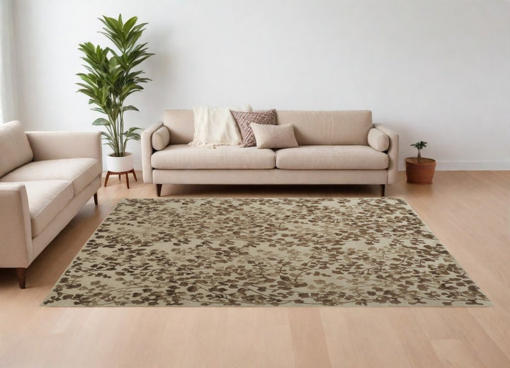 10' X 14' Taupe and Brown Floral Hand Tufted Area Rug