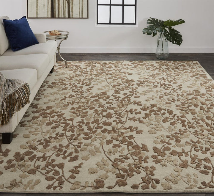 10' X 14' Taupe and Brown Floral Hand Tufted Area Rug