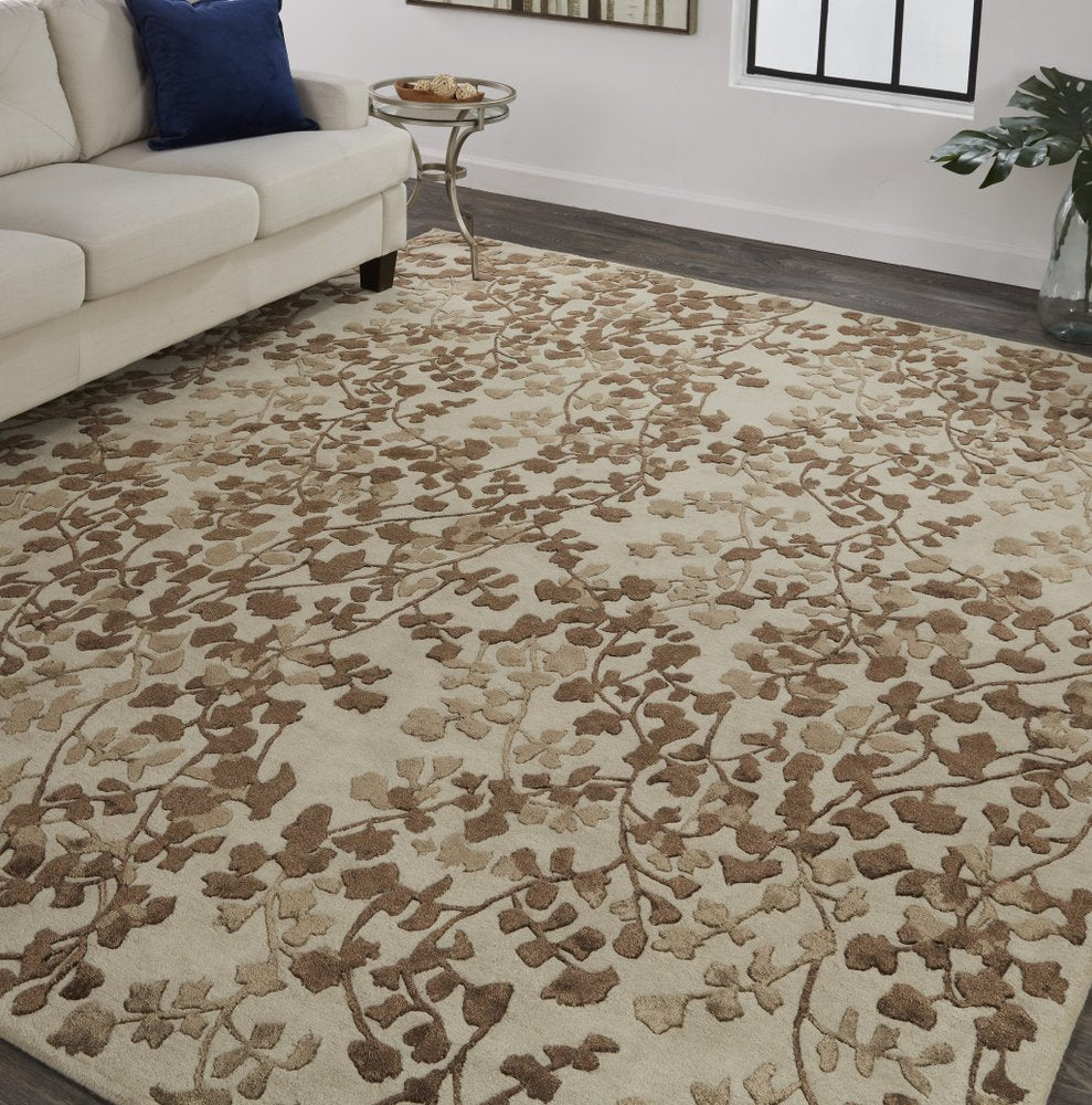 10' X 14' Taupe and Brown Floral Hand Tufted Area Rug