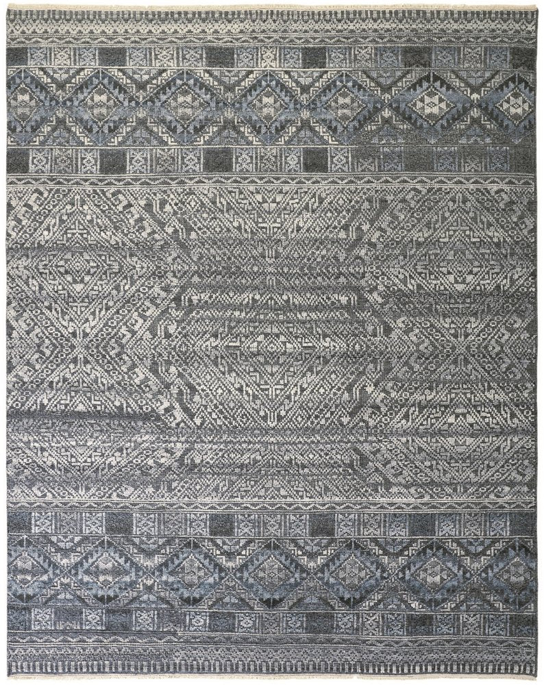 6' X 9' Gray And Ivory Geometric Hand Knotted Area Rug
