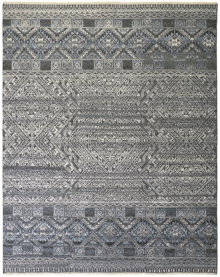 6' X 9' Gray And Ivory Geometric Hand Knotted Area Rug