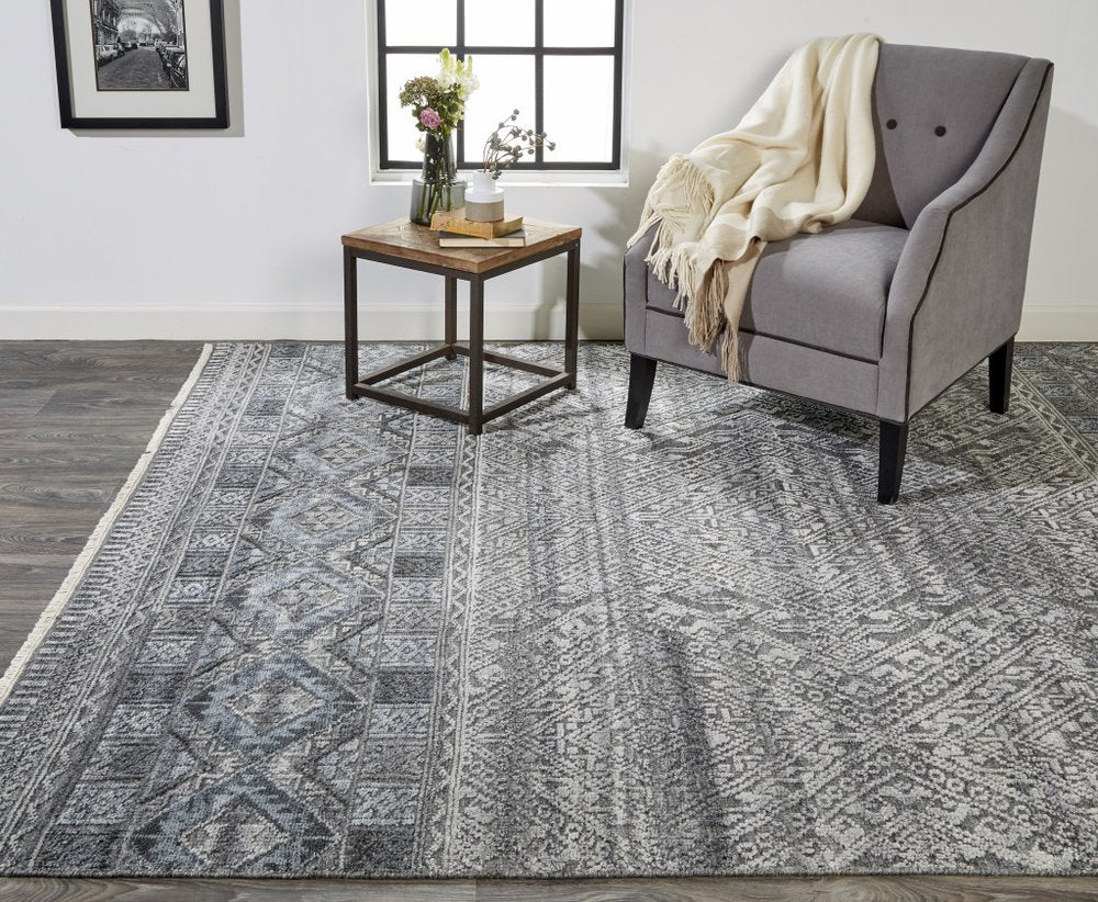 6' X 9' Gray And Ivory Geometric Hand Knotted Area Rug