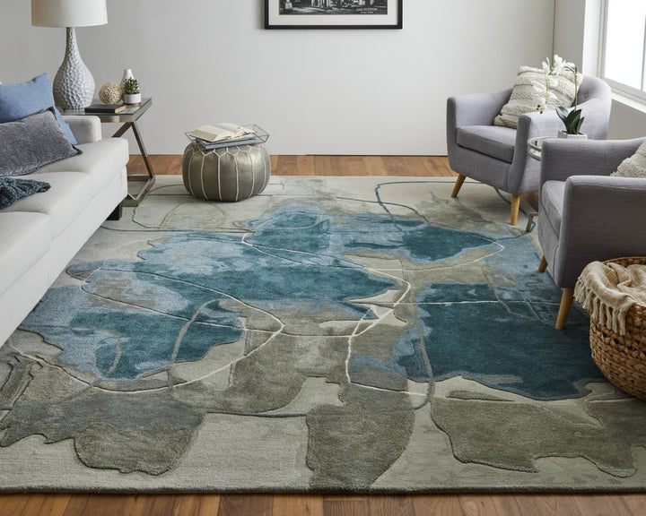10' X 14' Blue and Gray Abstract Hand Tufted Area Rug