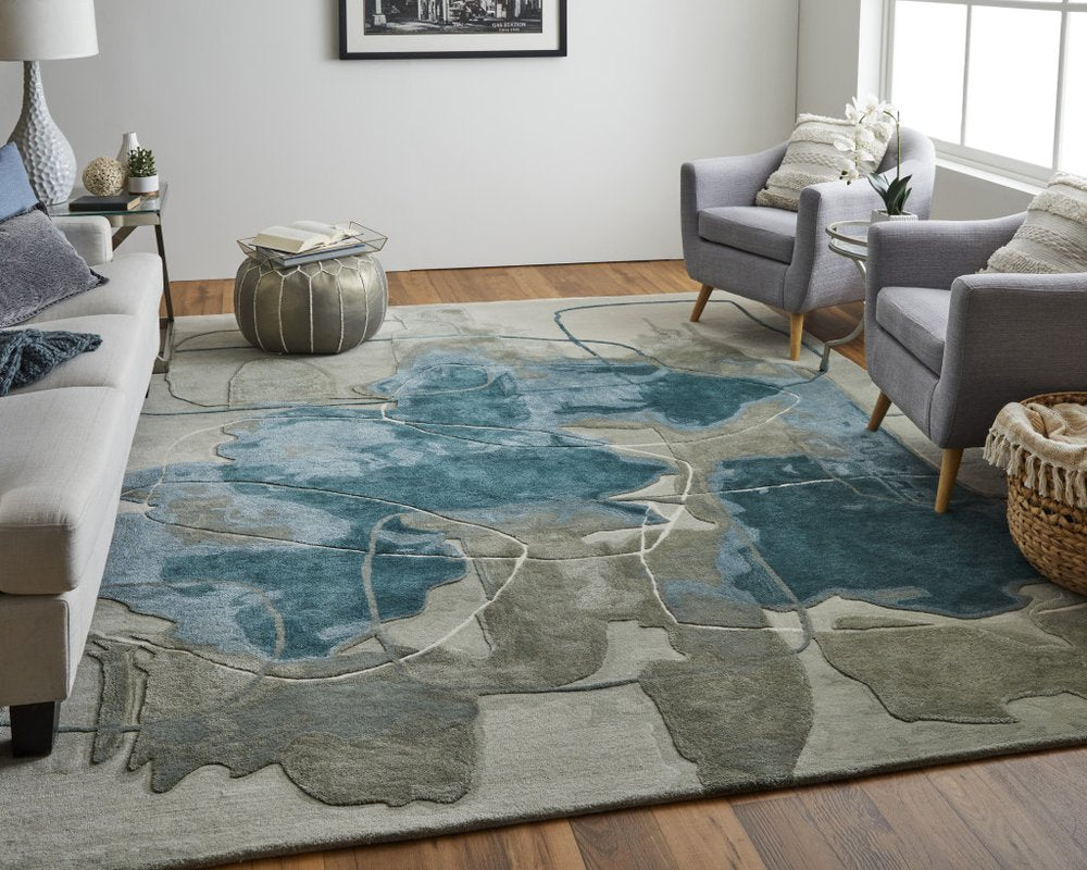 10' X 14' Blue and Gray Abstract Hand Tufted Area Rug