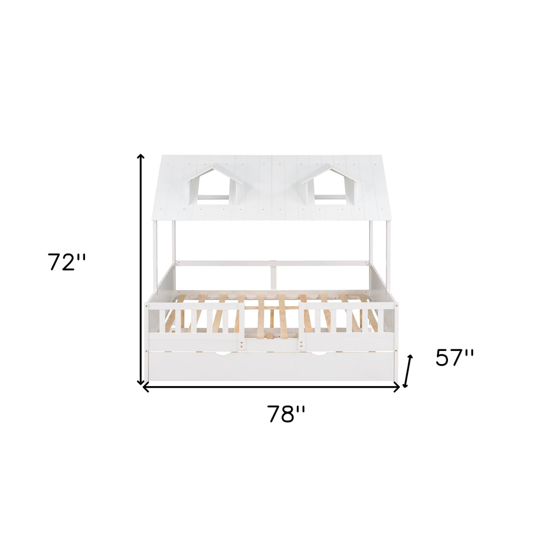 Full Size House Bed Wood Bed with Twin Size Trundle ( White )