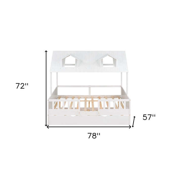 Full Size House Bed Wood Bed with Twin Size Trundle ( White )