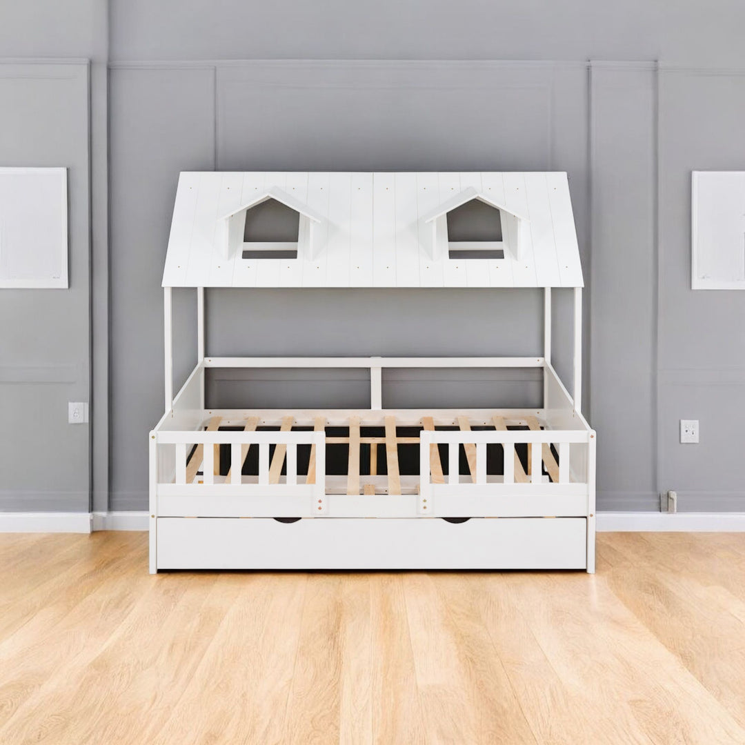 Full Size House Bed Wood Bed with Twin Size Trundle ( White )