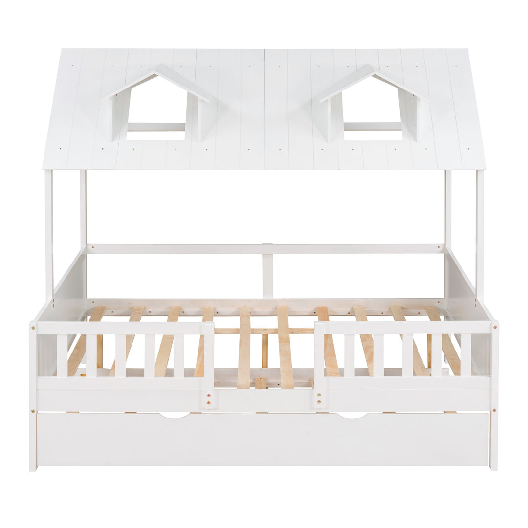 Full Size House Bed Wood Bed with Twin Size Trundle ( White )