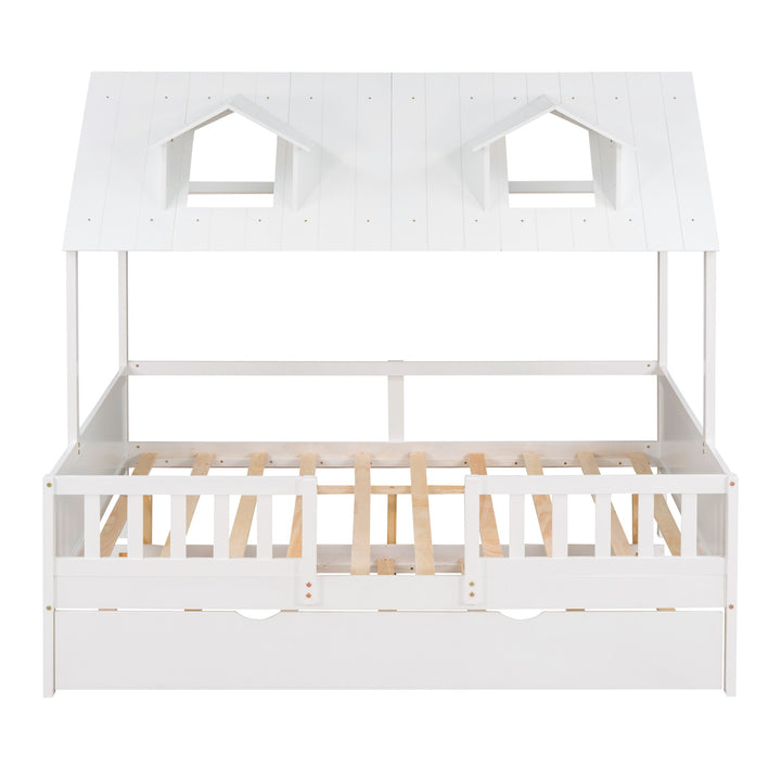 Full Size House Bed Wood Bed with Twin Size Trundle ( White )