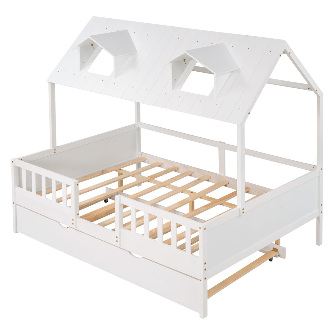 Full Size House Bed Wood Bed with Twin Size Trundle ( White )