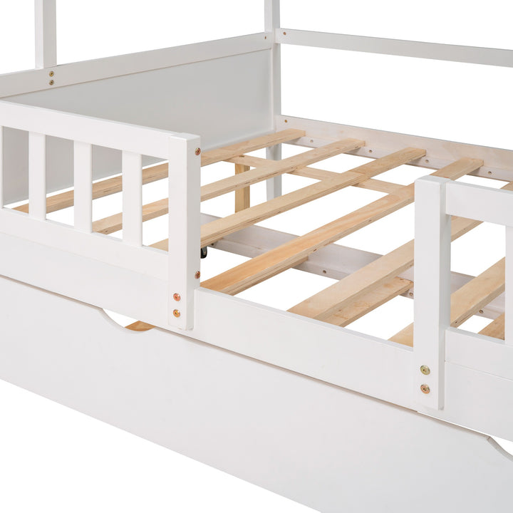 Full Size House Bed Wood Bed with Twin Size Trundle ( White )
