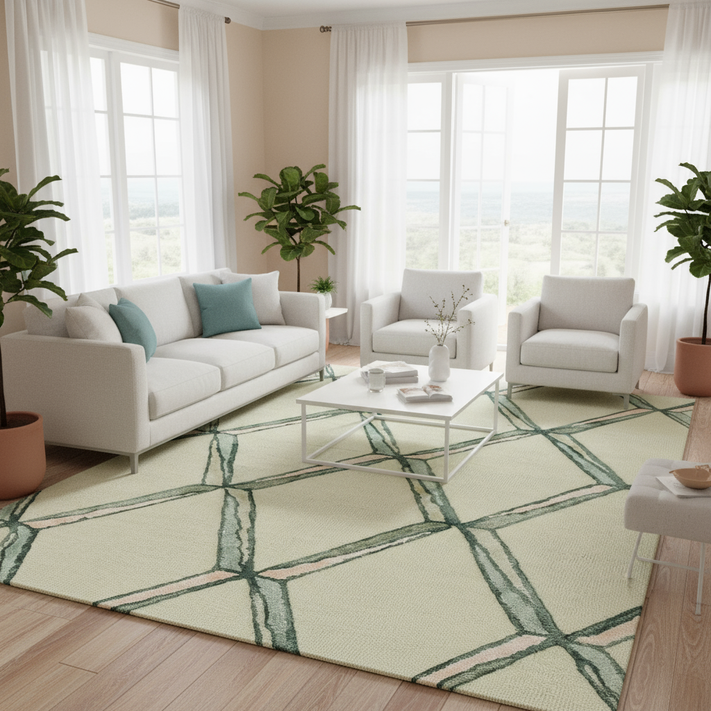 12' X 15' Cream And Aqua Wool Geometric Hand Tufted Area Rug